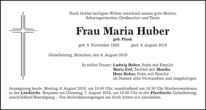 Traueranzeige Maria Huber