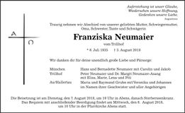 Traueranzeige Franziska Neumaier