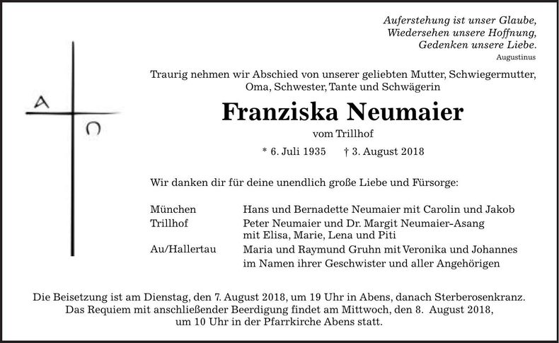 Traueranzeige Franziska Neumaier
