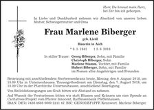 Traueranzeige Marlene Biberger