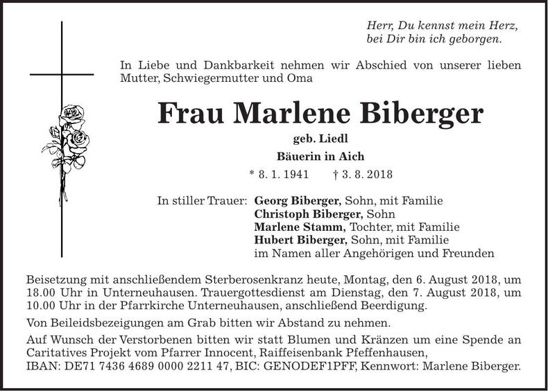 Traueranzeige Marlene Biberger