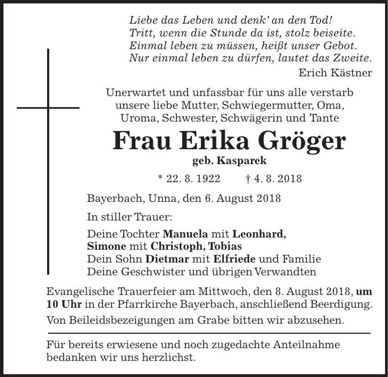 Traueranzeige Erika Gröger