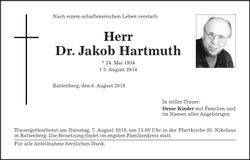 Traueranzeige Jakob Dr. Hartmuth
