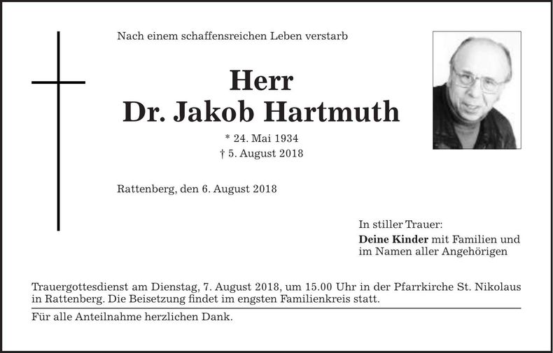 Traueranzeige Jakob Dr. Hartmuth