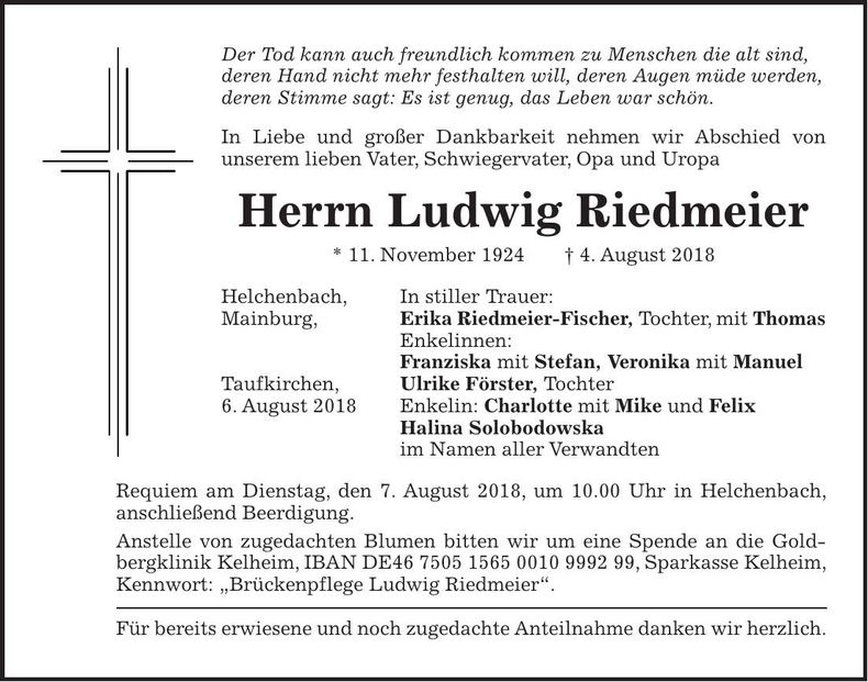 Traueranzeige Ludwig Riedmeier