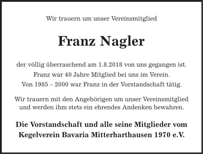 Traueranzeige Franz Nagler