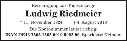 Traueranzeige Ludwig Riedmeier