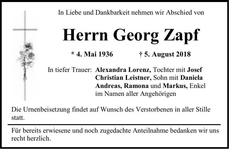 Traueranzeige Georg Zapf