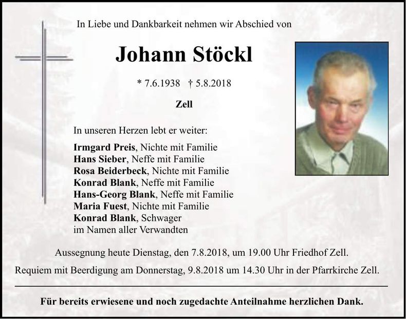 Traueranzeige Johann Stöckl