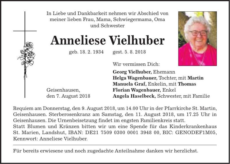 Traueranzeige Anneliese Vielhuber