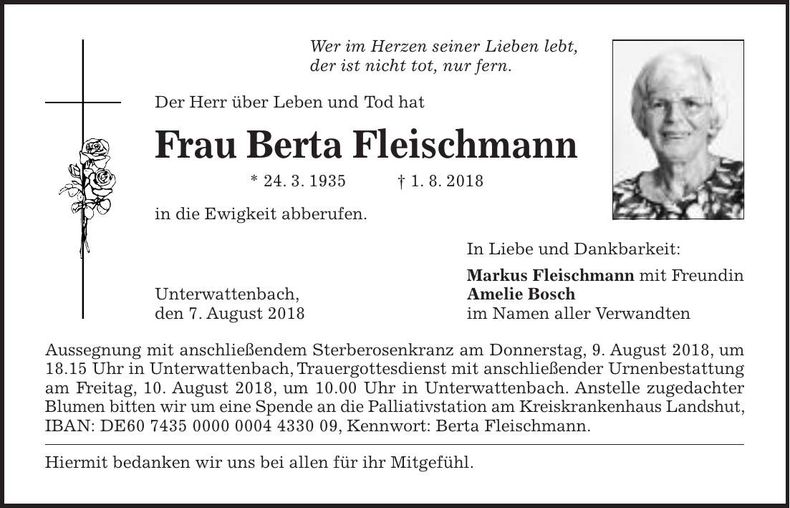 Traueranzeige Berta Fleischmann