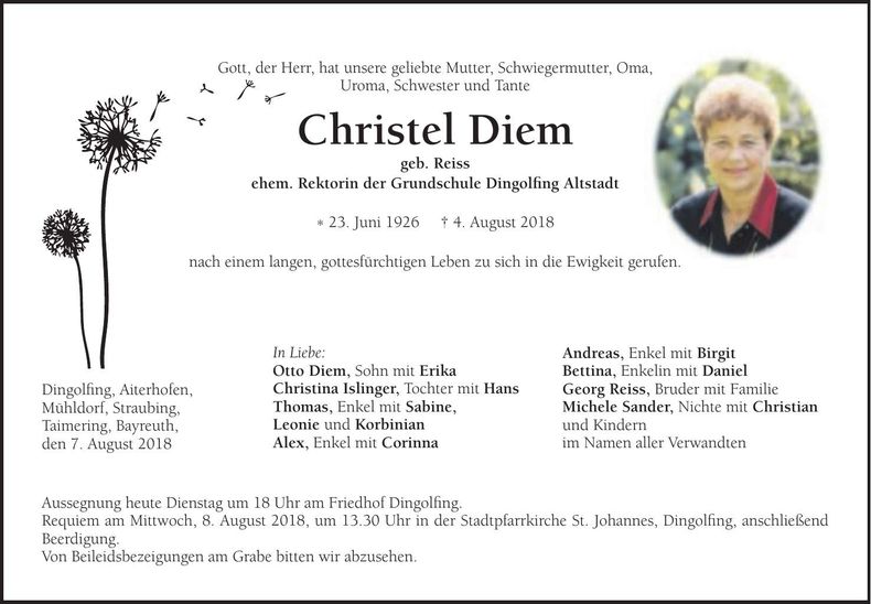 Traueranzeige Christel Diem