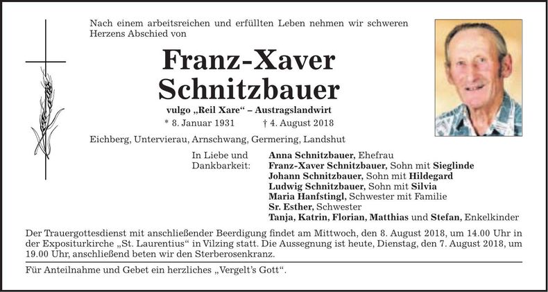 Traueranzeige Franz-Xaver Schnitzbauer