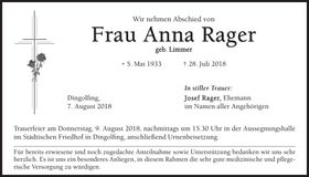 Traueranzeige Anna Rager