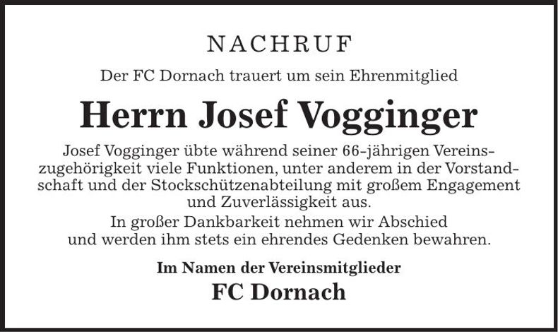 Traueranzeige Josef Vogginger
