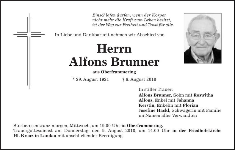 Traueranzeige Alfons Brunner