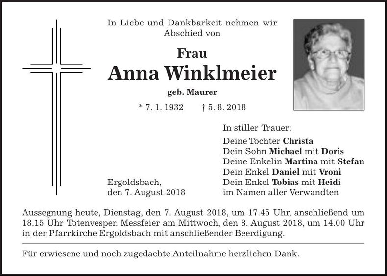 Traueranzeige Anna Winklmeier