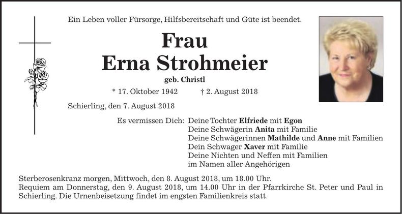 Traueranzeige Erna Strohmeier