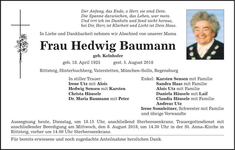 Traueranzeige Hedwig Baumann