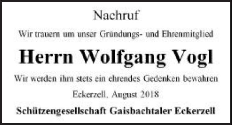 Traueranzeige Wolfgang Vogl