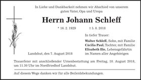 Traueranzeige Johann Schleff