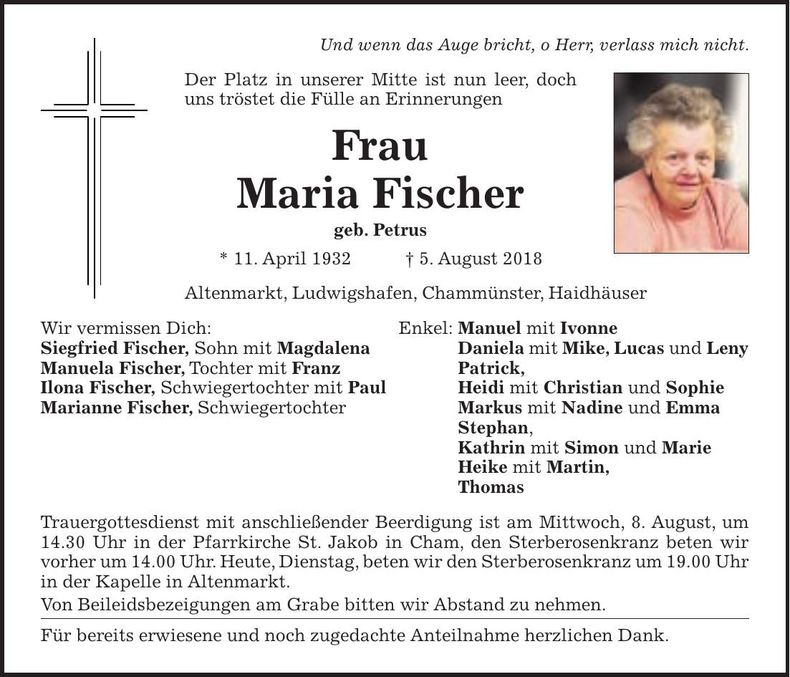 Traueranzeige Maria Fischer