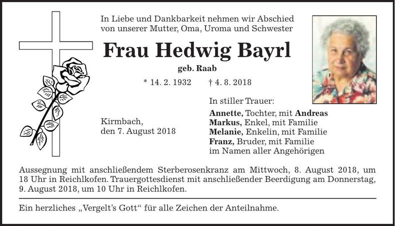 Traueranzeige Hedwig Bayrl