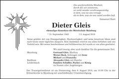 Traueranzeige Dieter Gleis