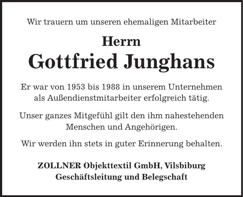 Traueranzeige Gottfried Junghans