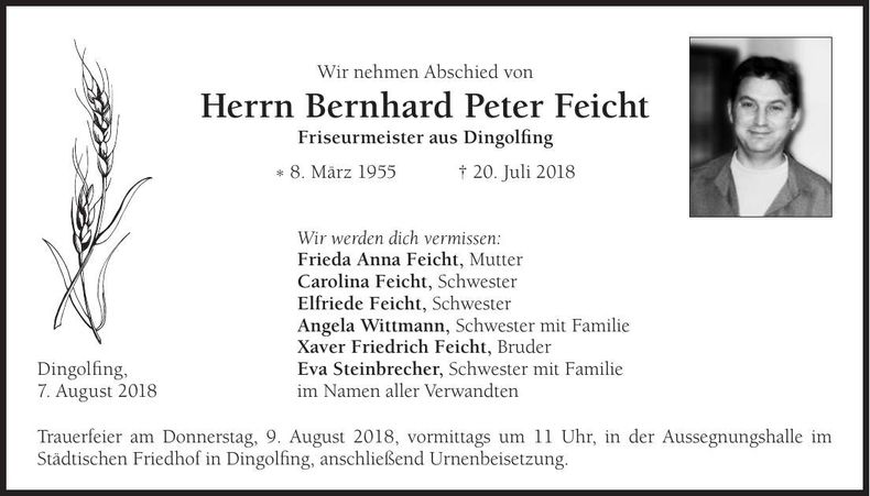 Traueranzeige Bernhard Peter Feicht