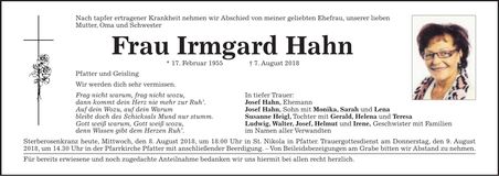 Traueranzeige Irmgard Hahn