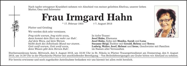 Traueranzeige Irmgard Hahn