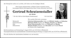 Traueranzeige Gertrud Schratzenstaller