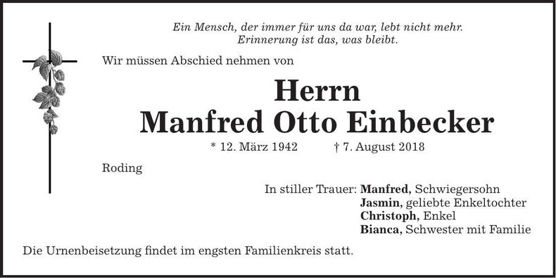 Traueranzeige Manfred Einbecker