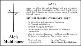 Traueranzeige Alois Mühlbauer