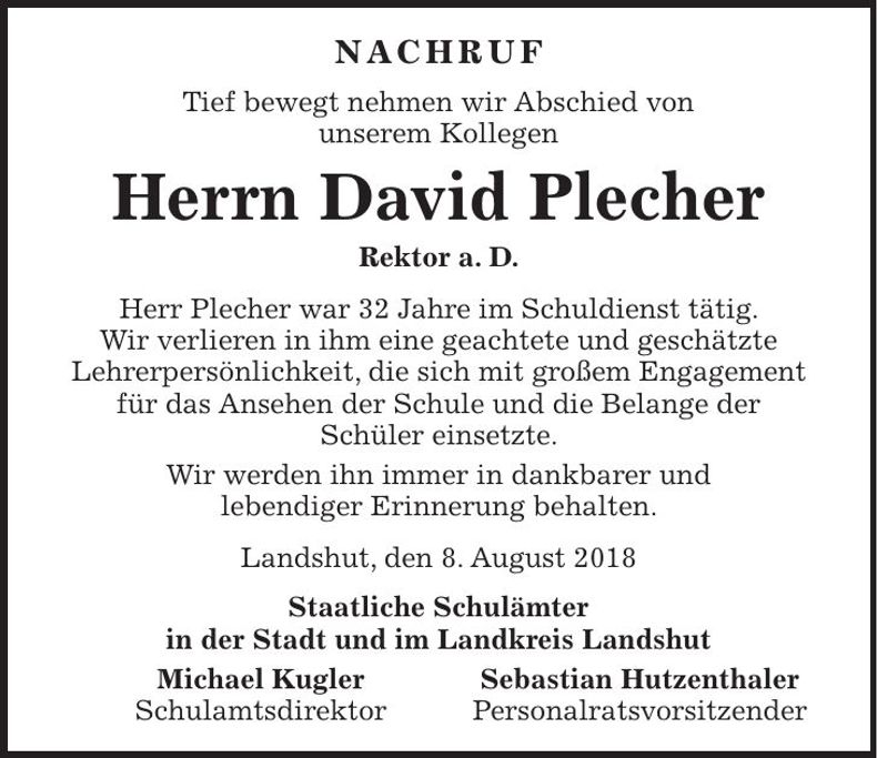 Traueranzeige David Plecher