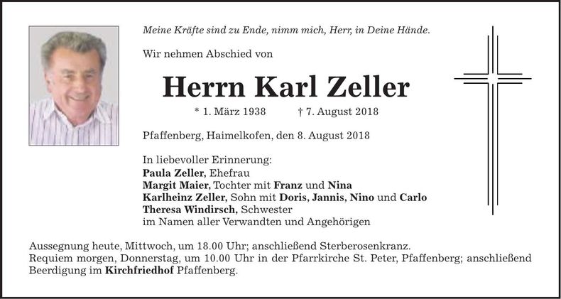 Traueranzeige Karl Zeller