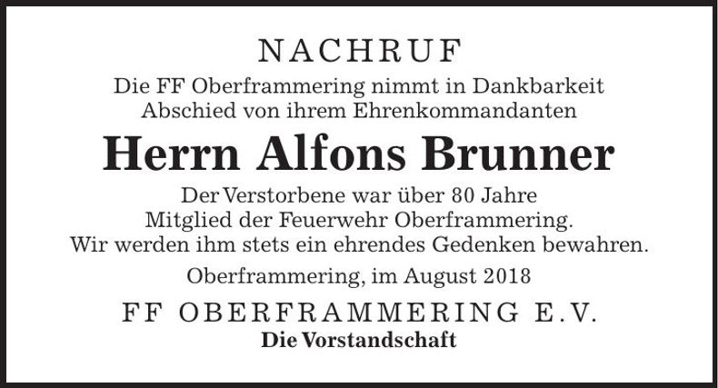 Traueranzeige Alfons Brunner