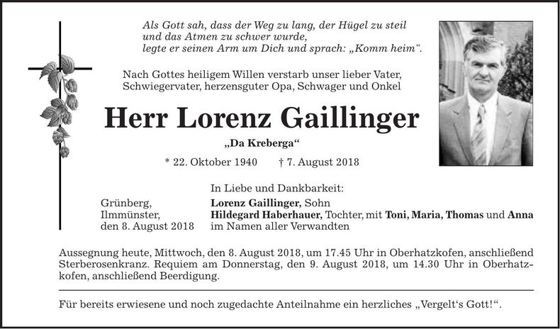 Traueranzeige Lorenz Gaillinger