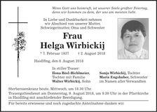 Traueranzeige Helga Wirbickij