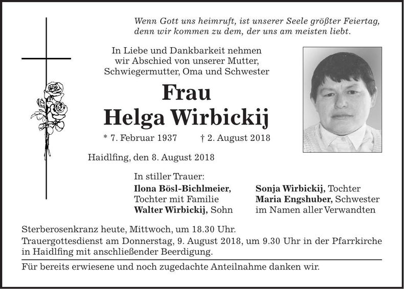 Traueranzeige Helga Wirbickij