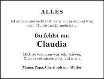 Traueranzeige Claudia Pietsch