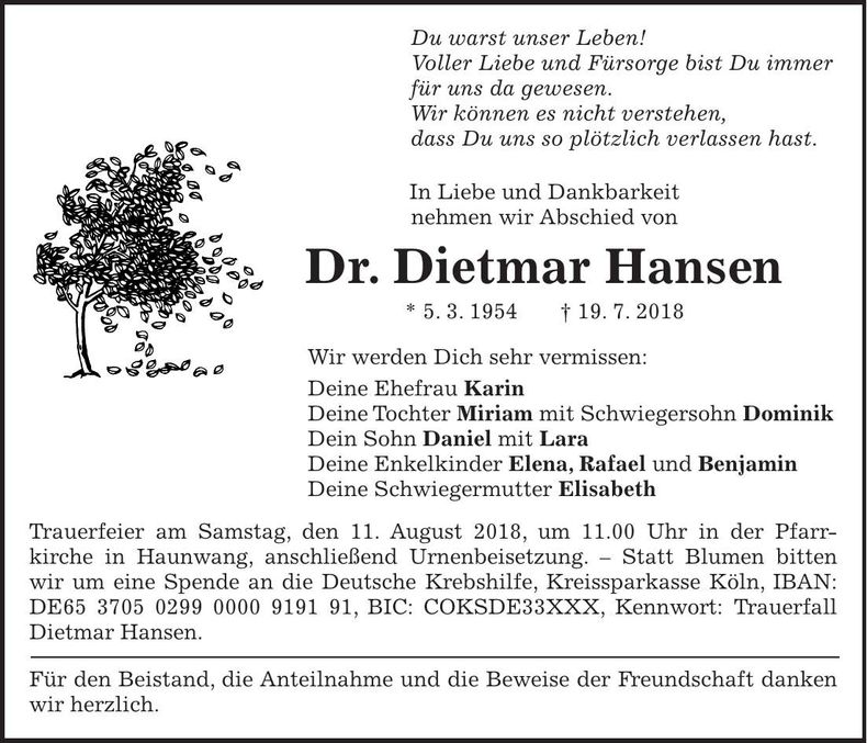 Traueranzeige Dietmar Hansen