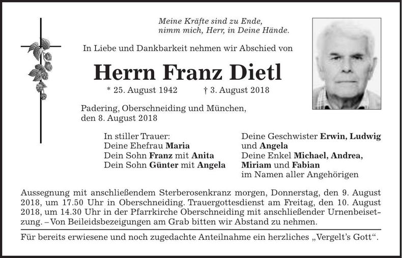 Traueranzeige Franz Dietl