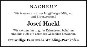 Traueranzeige Josef Hackl