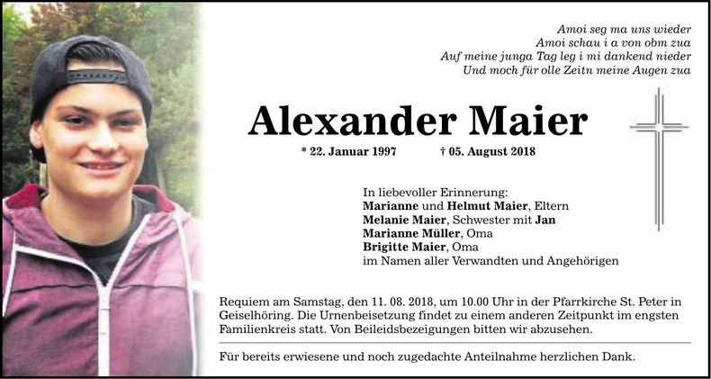 Traueranzeige Alexander Maier