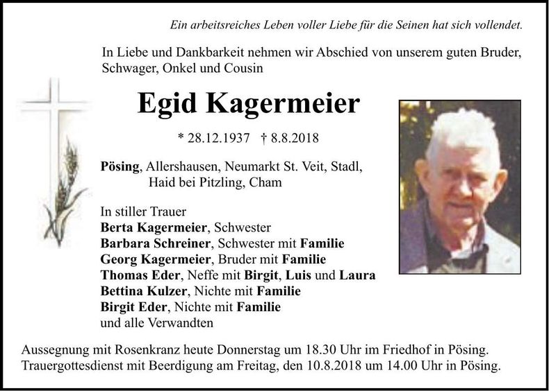Traueranzeige Egid Kagermeier