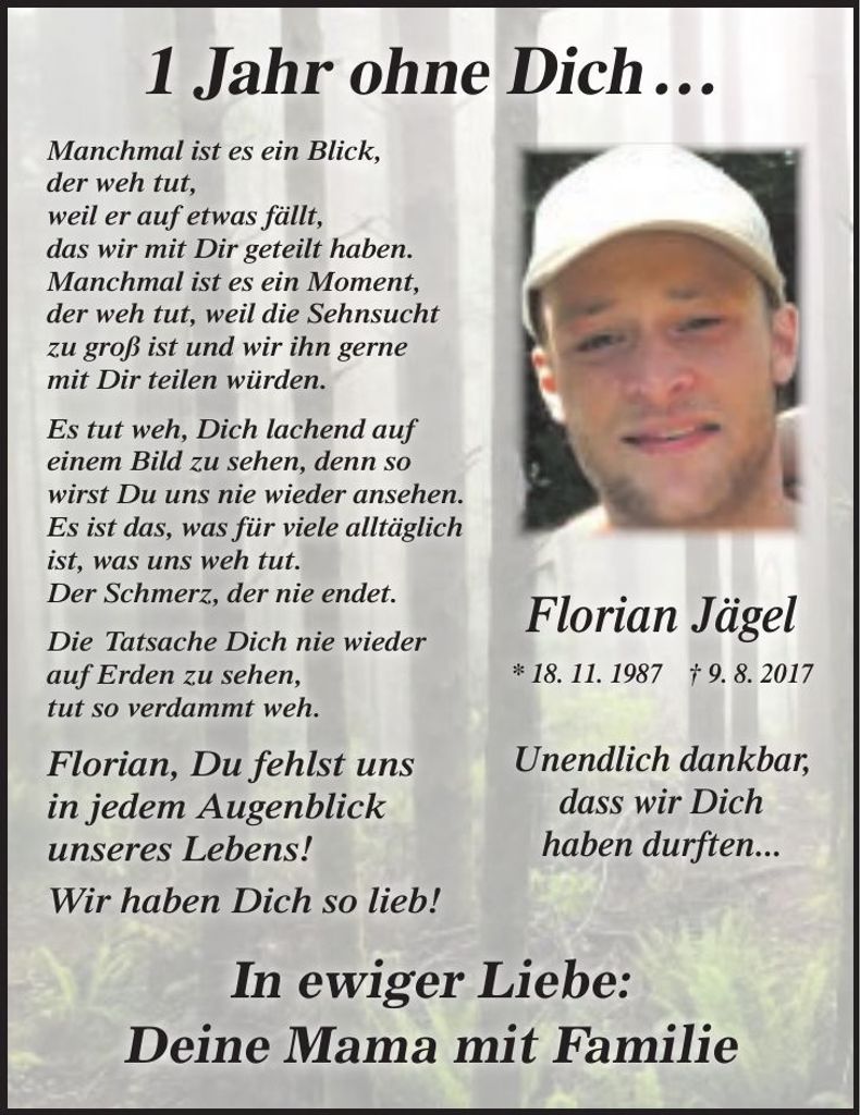 Traueranzeige Florian Jägel