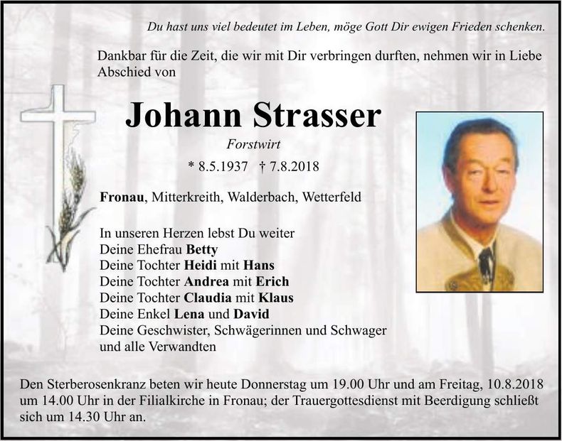 Traueranzeige Johann Strasser