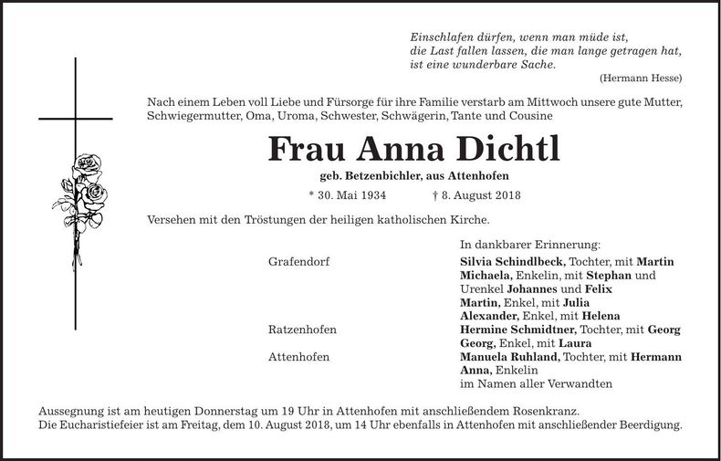 Traueranzeige Anna Dichtl